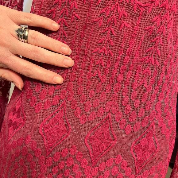 Ecote Red Mesh Lace Long Sleeve Mini Dress Womens sz M Soft Pink Burgundy Sexy - Picture 6 of 8